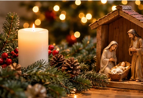 Christmas nativity scene with candle and evergreen branches