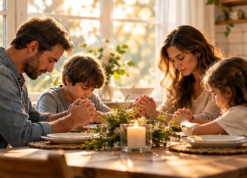 Family praying together around a dinner table