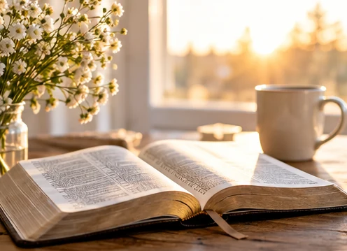 Open Bible in warm morning sunlight beside a cup of coffee