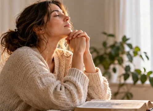 Woman praying quietly beside a sunlit window